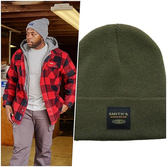 Smiths Workwear Mens Cuffed Knit Beanie Army Green Double Layer Cozy Winter Hat - Picture 1 of 5